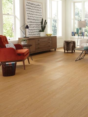 living room with peel and stick vinyl flooring