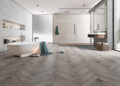 Large spa like bathroom features North Cape White Oak Water-Resistant Quick Click Engineered Hardwood Flooring