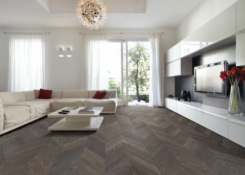 Stylish living room with Manhattan Chevron engineered hardwood as featured on HGTV Dream Home